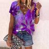 Dame Topp Sommer Ny Mote Rose Blomst Graffiti Blomster Trykt Casual Glidelås V-hals Kort Erm Topp