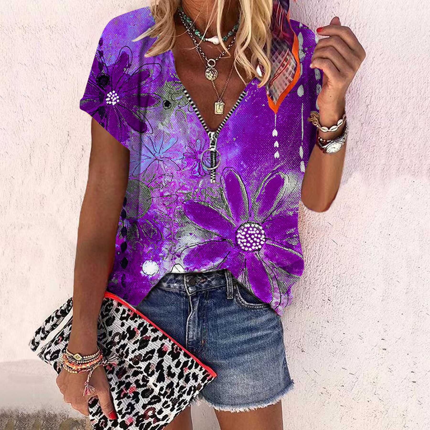 

Женский топ, летний новый модный топ с розами и граффити, повседневный топ на молнии с v-образным вырезом и короткими рукавами L фиолетовый