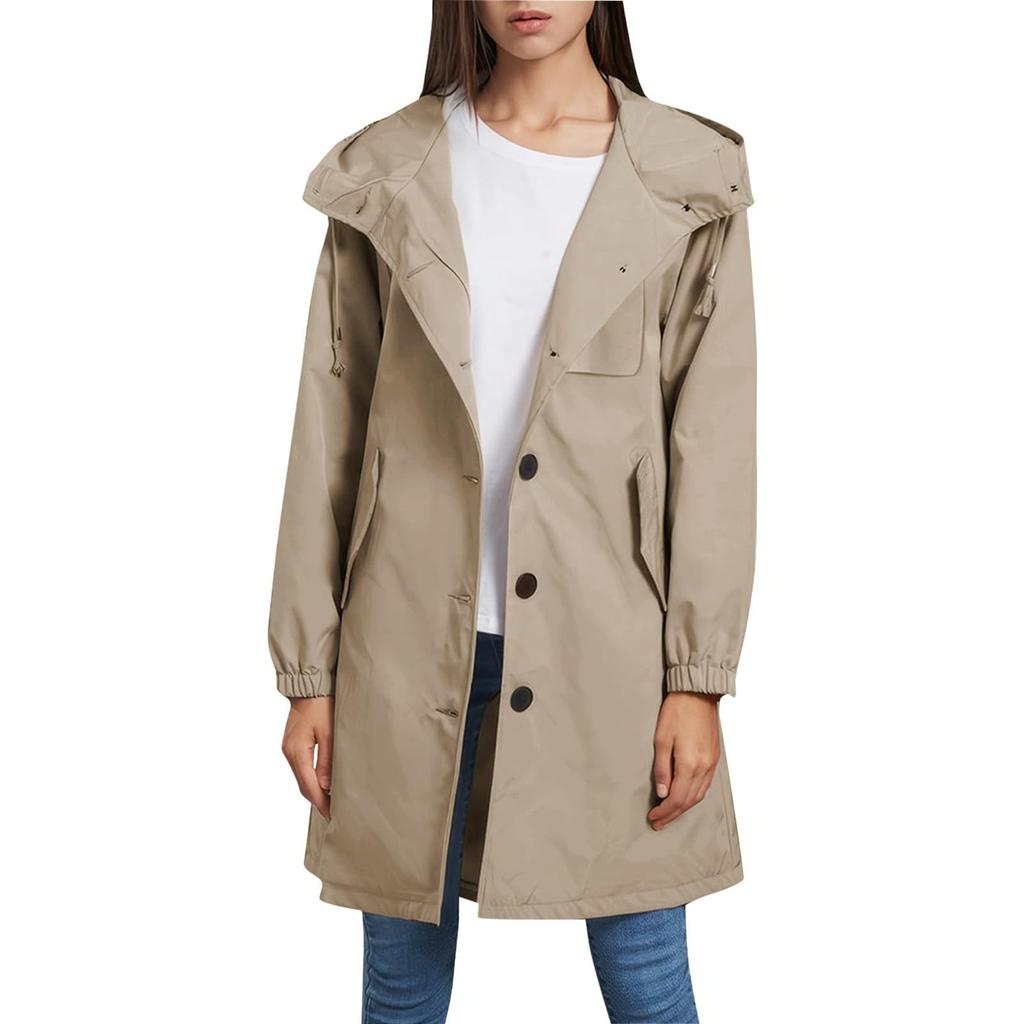 Women Solid Stripe Rain Jacket Outdoor Plus Waterproof Hooded Raincoat Windproof