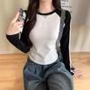 Real shot short shoulder-plugged long-sleeved T-shirt for women's autumn slim-fitting and thin splicing contrasting striped top