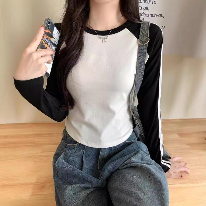 Real shot short shoulder-plugged long-sleeved T-shirt for women's autumn slim-fitting and thin splicing contrasting striped top