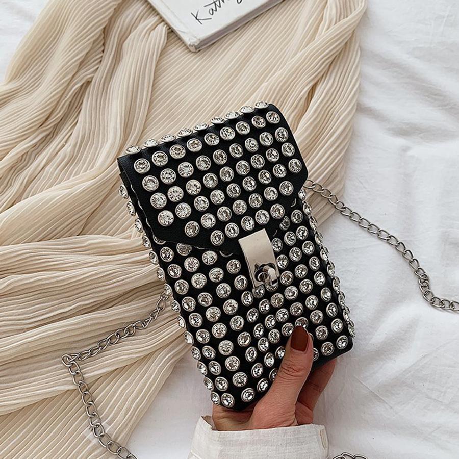 Shiny rhineste mobile phe wallet, chain shoulder lipstick small bag, dinner party flap messenger bag pu leather waist bags