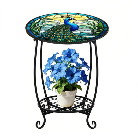 Huaqianguhh Outdoor Side Table, Round Small Mosaic Bird Butterfly Patio Accent, Indoor End Plant Coffee Tea Table for Yard Porch Garden Living