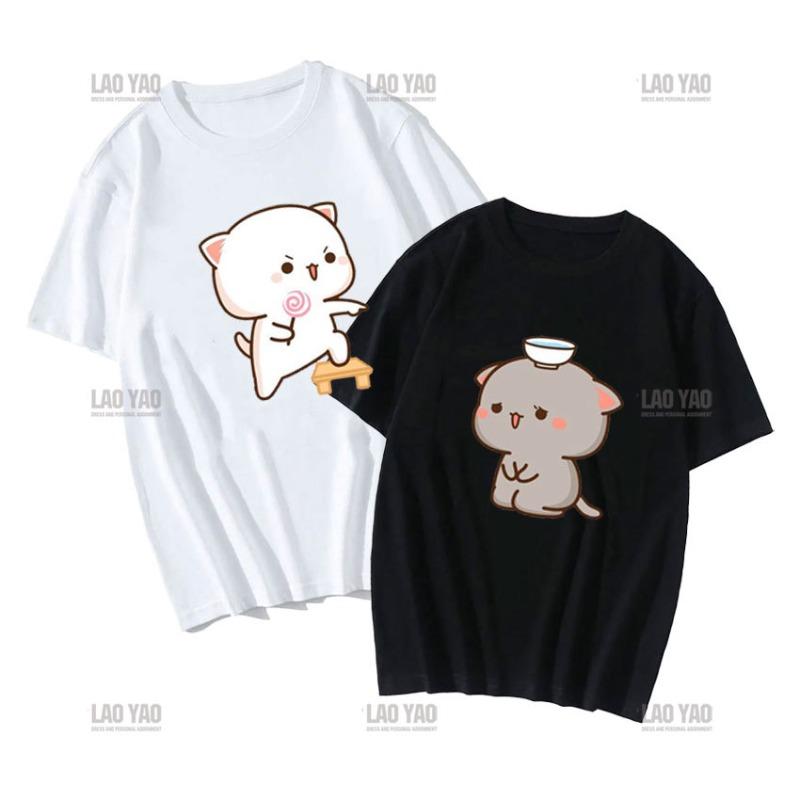 Lovely Peaches and Ash Ash T Shirt Szary Przyznaj się do błędu T-shirt Super słodki brzoskwiniowy kot kreskówka para nadruk T-shirt Unisex Unisex Topy Unisex