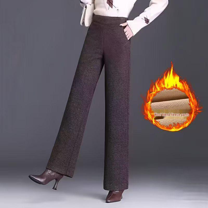 Pantalones de Lana de Cintura Alta con Terciopelo para Mujer Talla Grande - Gruesos, Adelgazantes, Corte Holgado para Otoño e Invierno