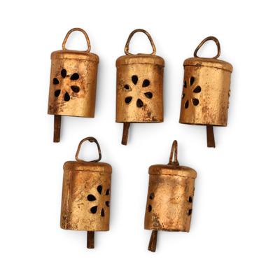 Handmade Festive Hanging Bells Rustic Gold Iron Holiday Ornaments Set of 5 Traditional Indian Decorative Accents Wind Chimes Winter Wall Decor