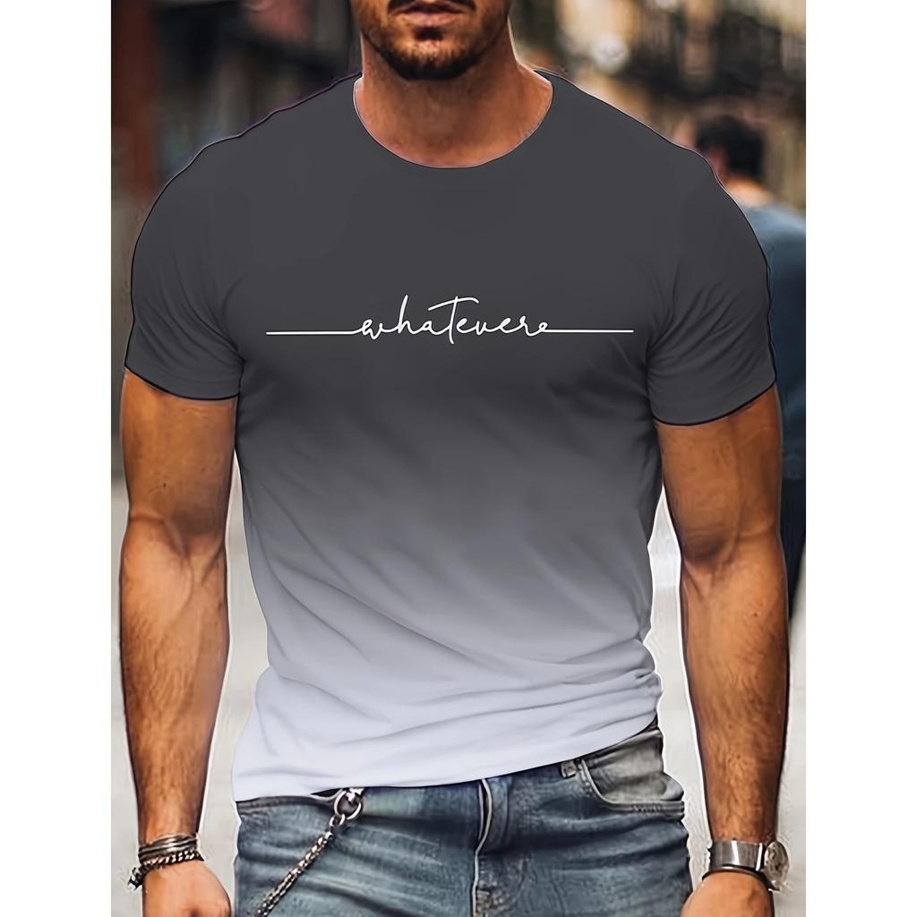 Summer Round Neck 3D Gradient Letters Print Top Fashionable Casual Short Sleeved Men's T-shirts