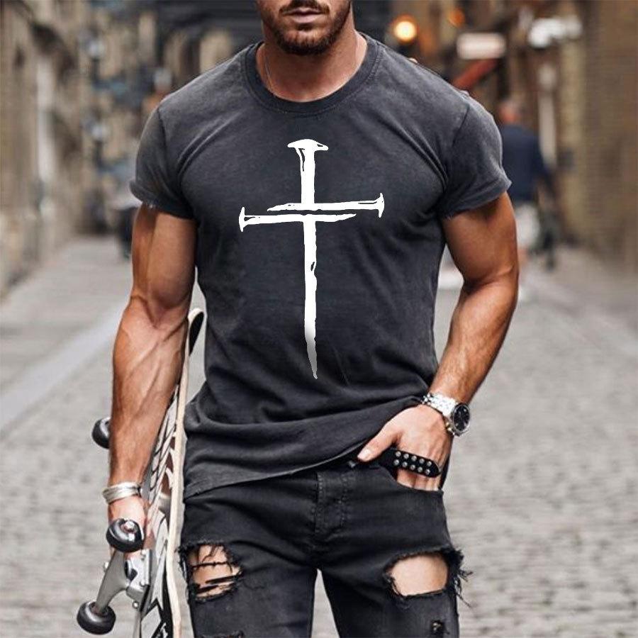 2024 Summer Retro Cross Pattern New Short Sleeved Round Neck Printed Men's T-shirt