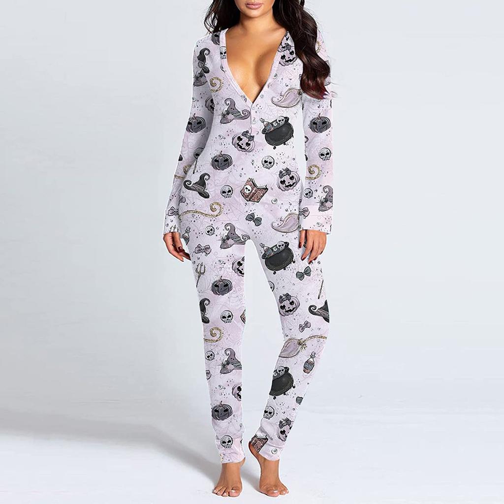 Women's Button-Down Halloween Print Functional Buttoned Flap Adults Jumpsuit