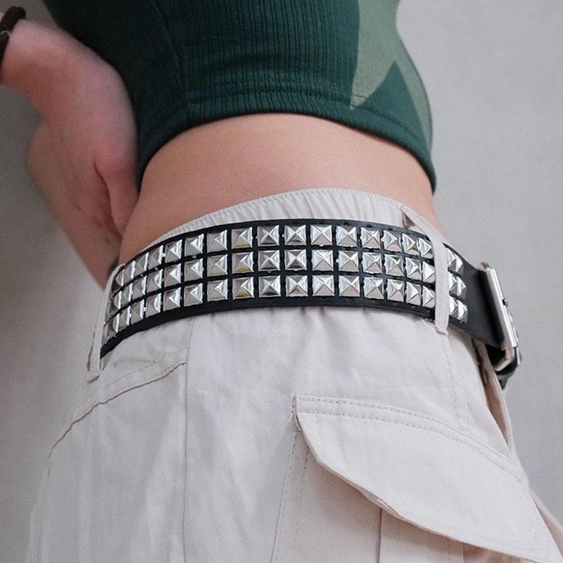 Unisex Square Bead Punk Style Stainless Steel Rivet Hip Hop Belt for Jeans