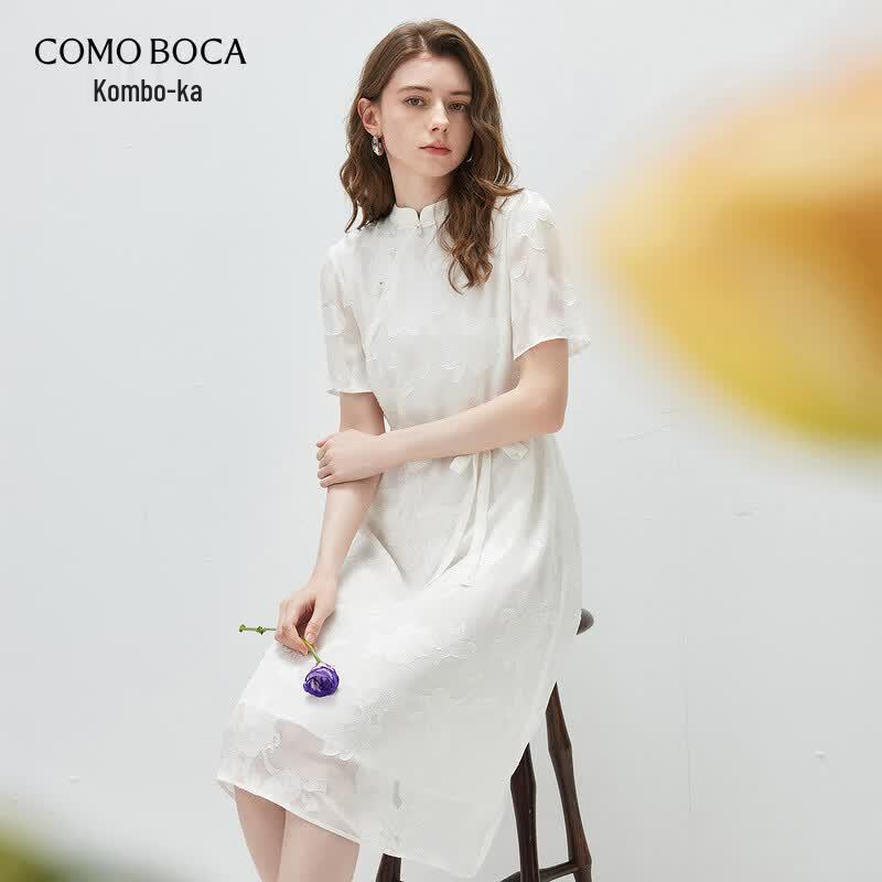 Komomoka Women s Mulberry Silk Jacquard Qipao Collar Short-Sleeve Dress L