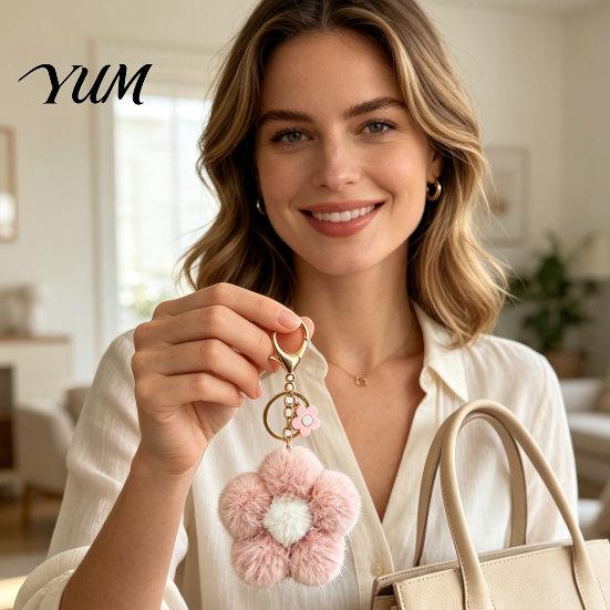 Soft Plush Charm Flower Keychain for Backpack, Fuzzy Floral Keyring Bag Charm, Women Girls Handbags Decorative Accessory Key Holder