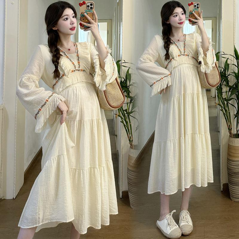 Maternity Dress High-End Sensation Internet Celebrity Ethnic Style Exotic Style Vacation Style Fashionable Stylish Mom Temperament Long Sleeve Dress