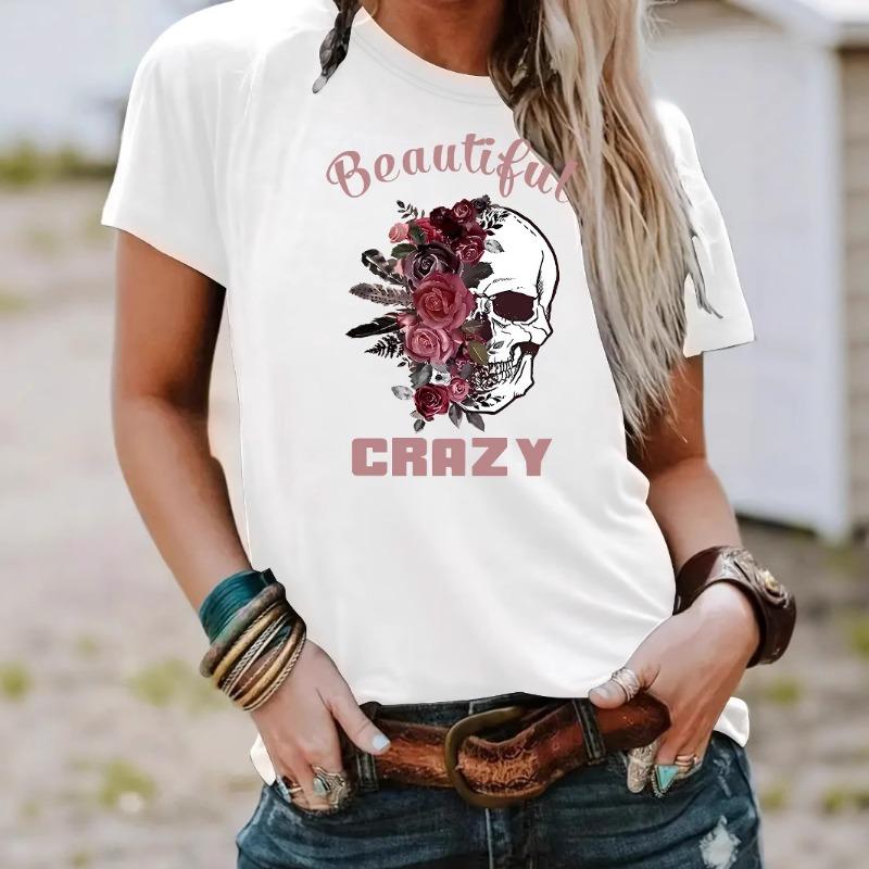 Round-neck Fashionable Skull Flower Print Top Women's T-shirt with Loose Short Sleeves