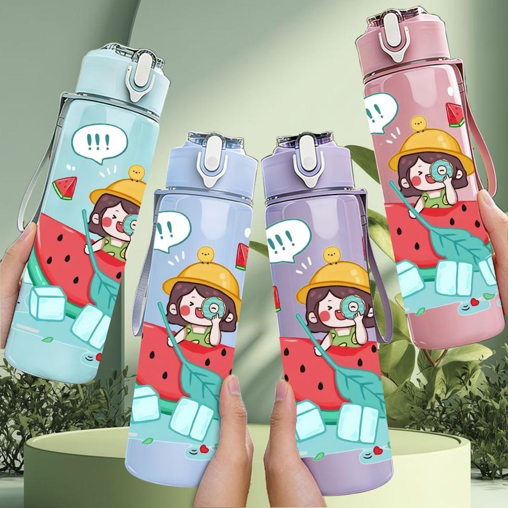1PC Girl Hold Watermelon Summer Cartoon Print 750ml Color Plastic Sports Water Bottle Leakproof Flip Straw Lid Suitable for Sports Office Home Use