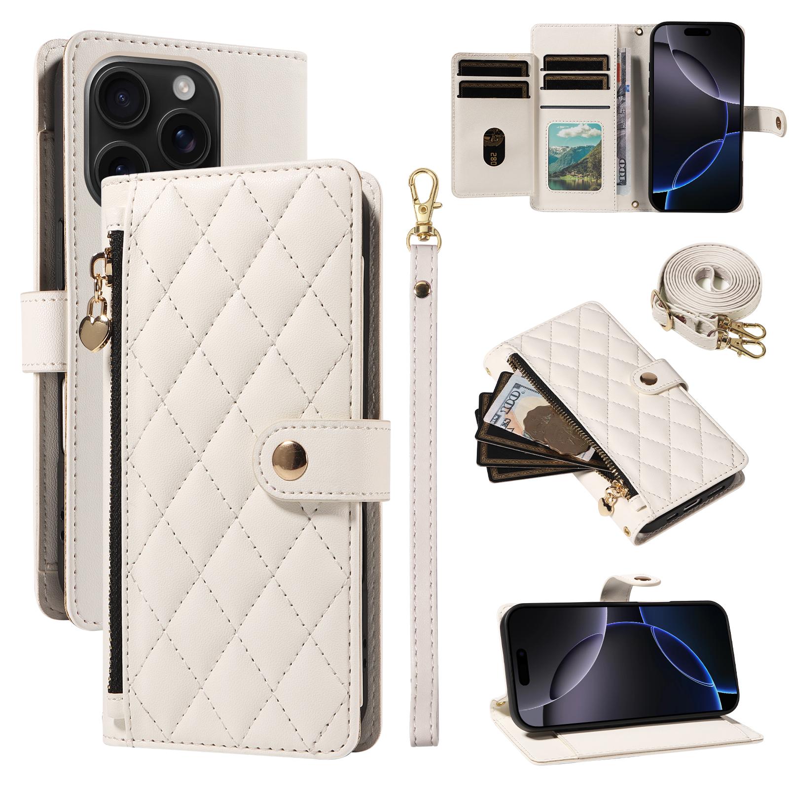 

For iPhone 16 Pro Wallet Case with Straps,Rhombus Leather Stand Phone Cover White