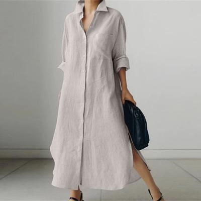 Frauen Kleid Langarm Unregelmäßigen Split Saum Einfarbig Lose Revers einreiher Casual Maxi Hemd Kleid