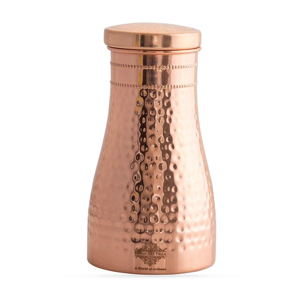 Pure Copper Bedroom Water Bottle with Inbuilt Glass, Hammered Shine Design, Drinkware and Storage Purpose, 950 ml