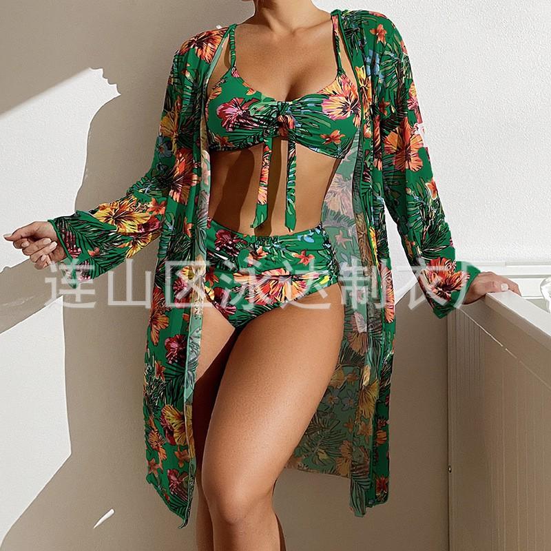 Long blouse split three-piece printed sexy swimsuit women's bikini new