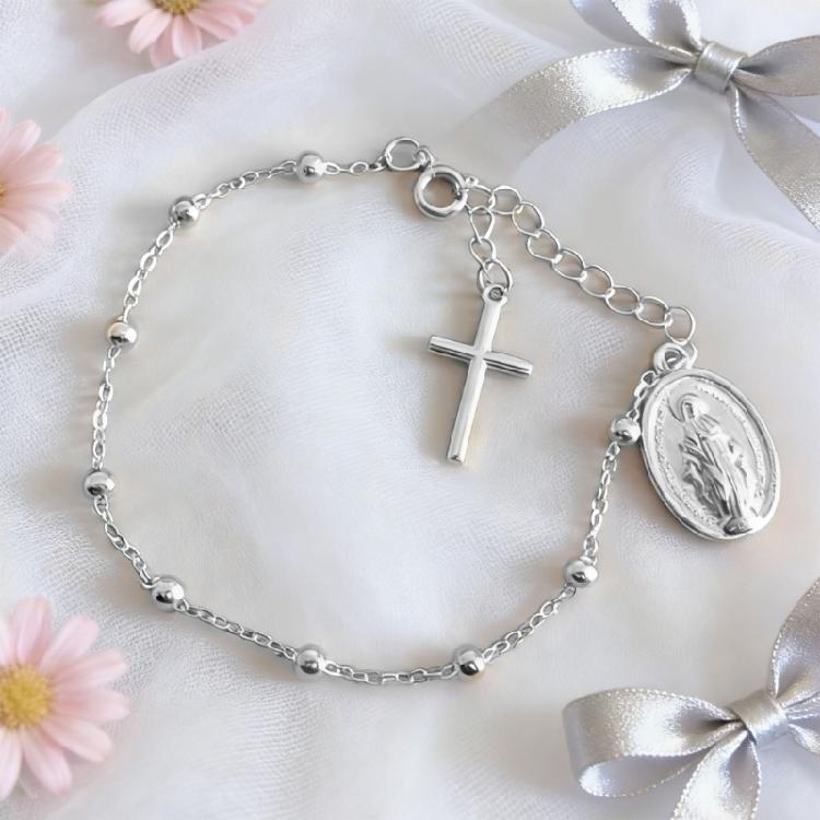 Bracciale Portatile con Croce e Perline della Vergine con Catena di Estensione da 5 cm