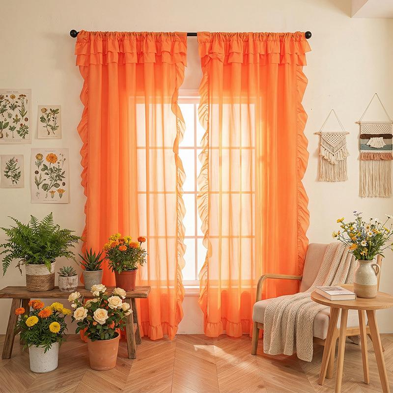 Perdea simplă, culoare solidă, cu volane și margini cu frunze, transparentă, pentru fereastră