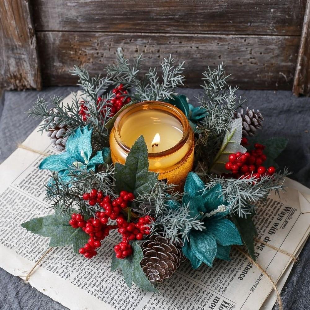 Artificial Berries Pinecone Pine Christmas Wreath Table Home Party Decoration Candlestick Wreaths Xmas Candle Wreath