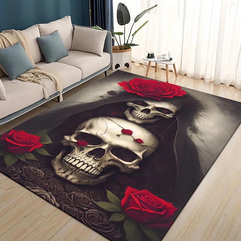 Covor Rug 3D Craniu Gotic Față Trandafir Femeie Desen Animat Groaznic pentru Sufragerie Dormitor Casă Decor Canapea, Covoraș de Podea Antiderapant pentru Copii