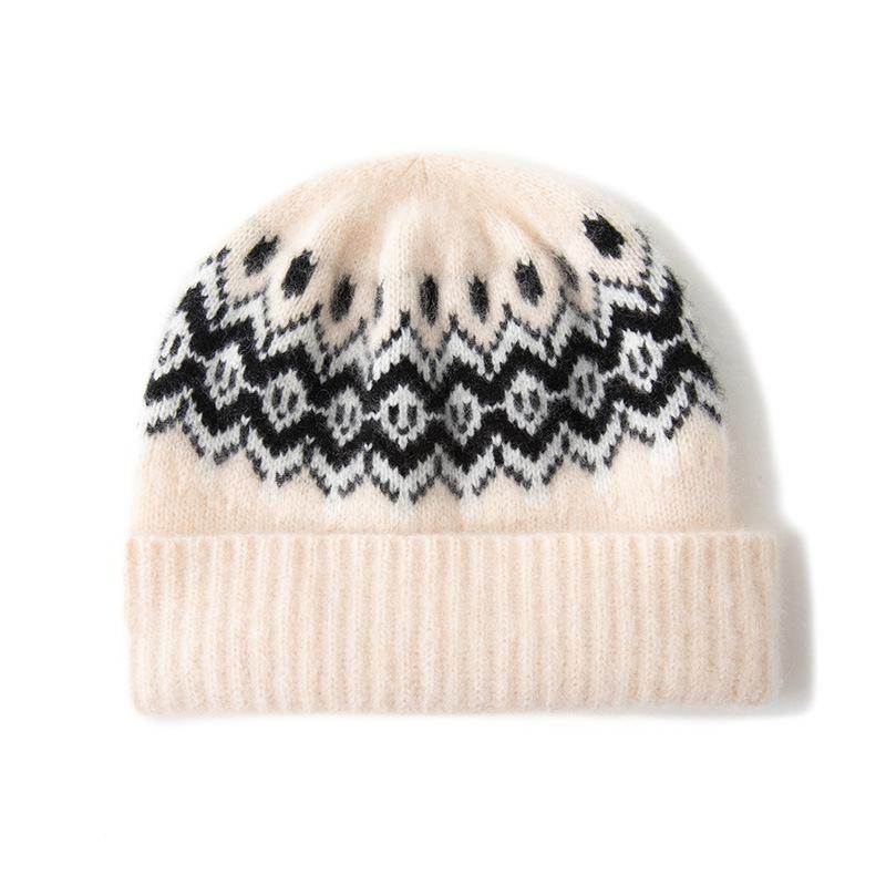 Cashmere Autumn and Winter New Women's Color Blocking Retro Jacquard Warm Ear Protecting Flanged Headscarf Knitted Hat