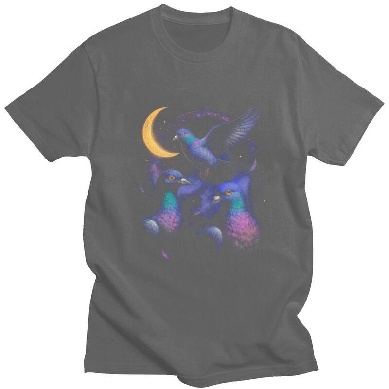 Male Cosmic Pigeons Under The Crescent Moon T Shirt Pure Cotton Colthing Fashion Casual Design Graphic Tees Shirt