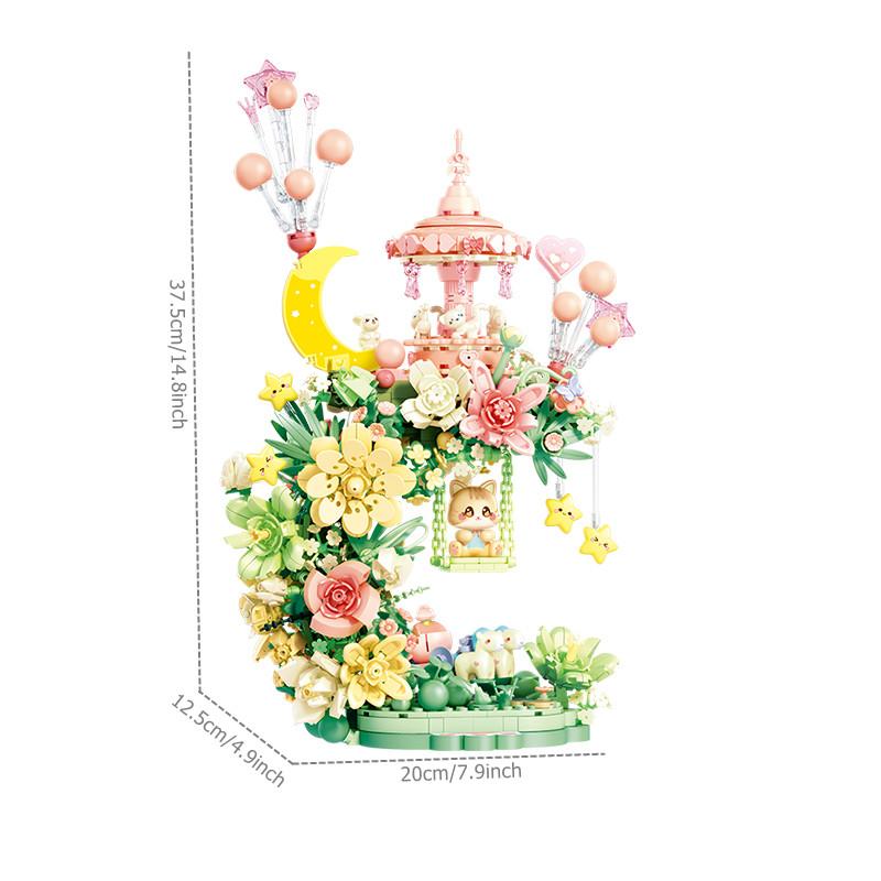 Non-Toxic 1300Pcs Dream Flowers Moon Music Box With Lighting Building Blocks Moc Cat Model Bricks Home Decoration Children Toys Holiday Gifts