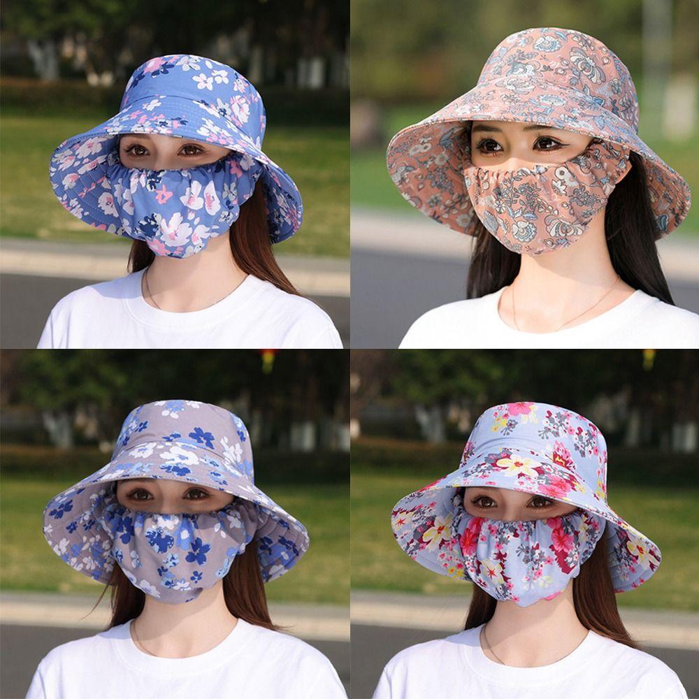 Fashion Floral Tea Picking Cap Wide Brim Anti-UV Agricultural Work Hat Neck Protection with Mask Sun Visor Cap for Women