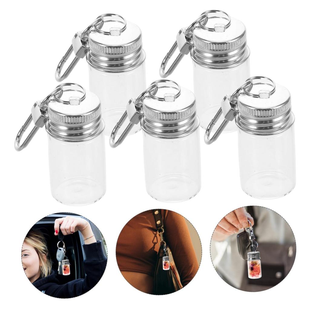INOOMP 5-Piece Mini Glass Bottle Keychain, Clear Small Bottles, Airtight, Small Item Storage Containers, 7ml