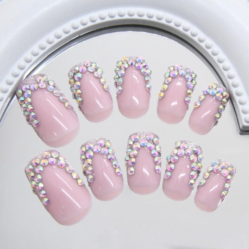 24 Stück Französische Spitze Press-On Nägel Strasssteine Falsche Nägel Quadratisch Acryl Nägel Elegant Vollabdeckung Aufkleber Nägel für Frau