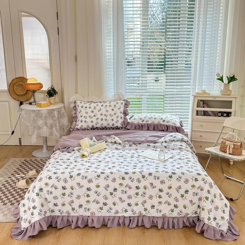 Niedliches Cartoon-Kaninchen Bettwäsche-Set Queen Rosa Tulpenblumen Sommer Dünne Steppdecke Weiche Botanische Blumensteppdecke mit 2 Kissenbezügen