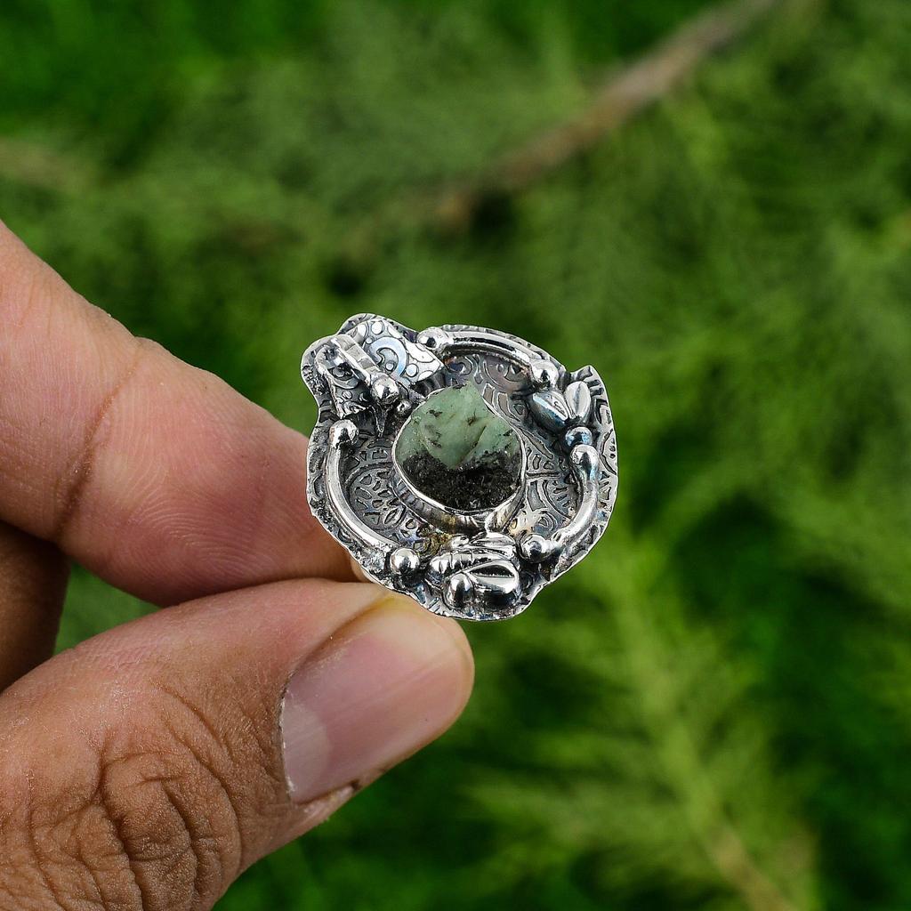 Natural Chrysoprase Rough Statement Art Deco Sister Ring Jewelry Sterling Silver