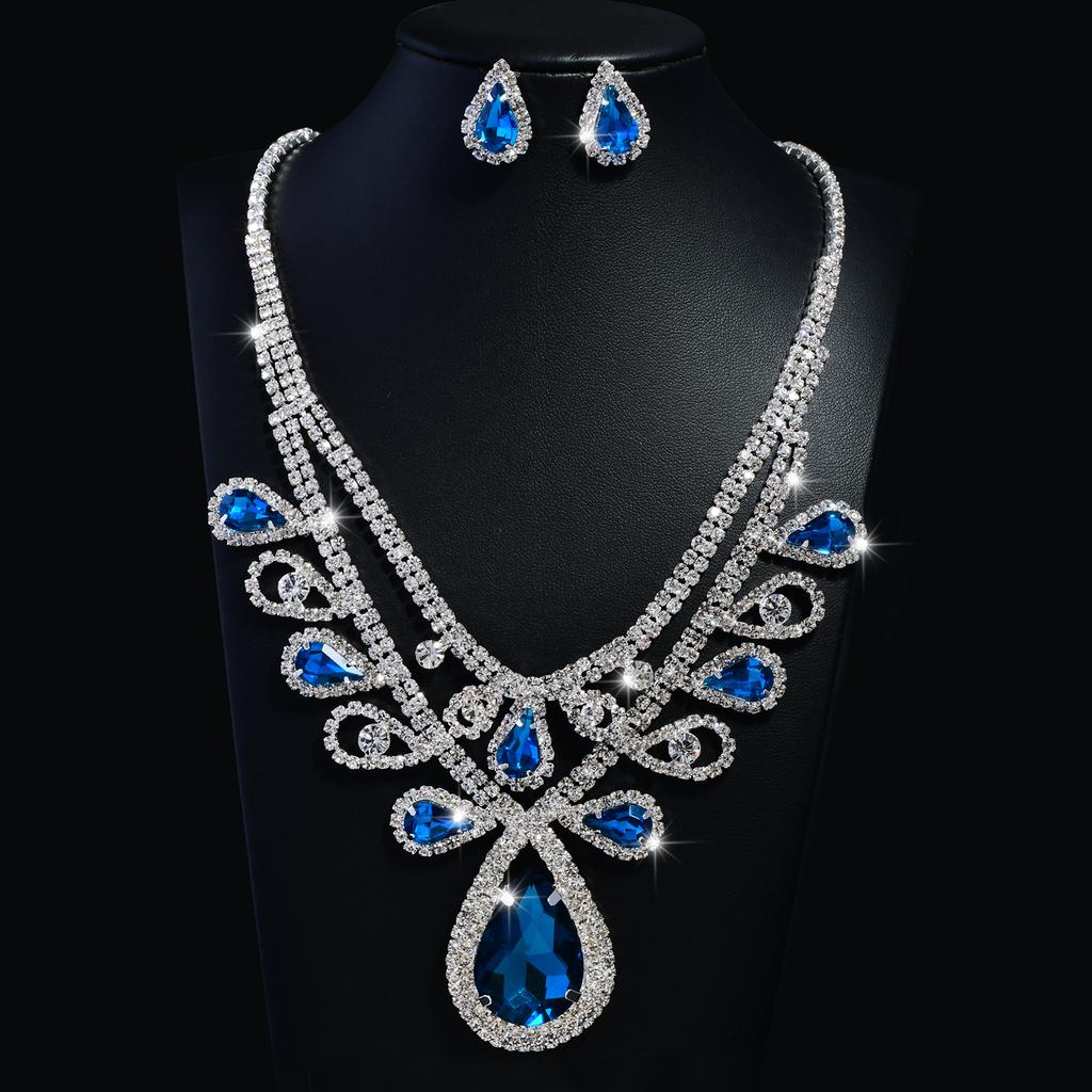 Fashion High-Grade Colourful Teardrop Female Bridal Crystal Full Diamond Necklace Earrings Two-Piece Set Exquisite