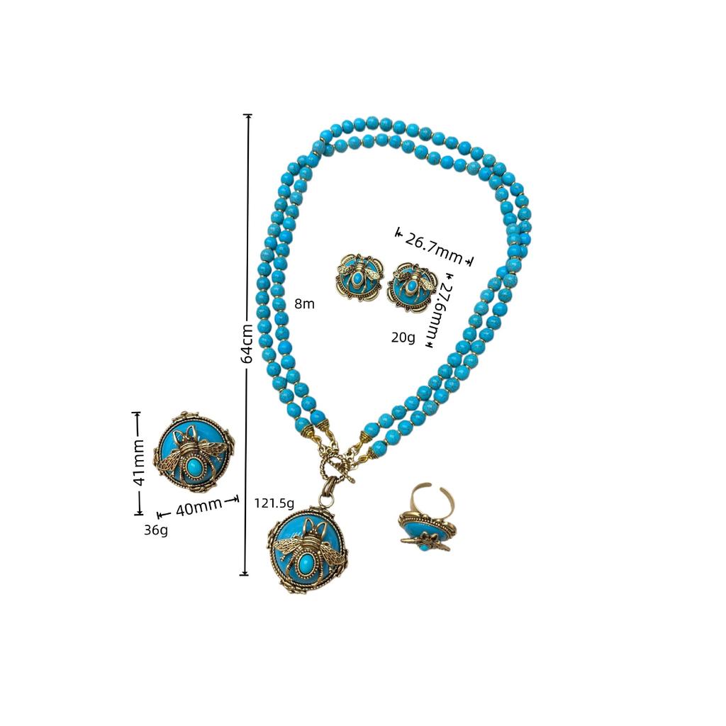 Medieval Retro Turquoise Bee Stud Earrings, Brooch, Court Style Light Luxury Design Double-Layer Necklace