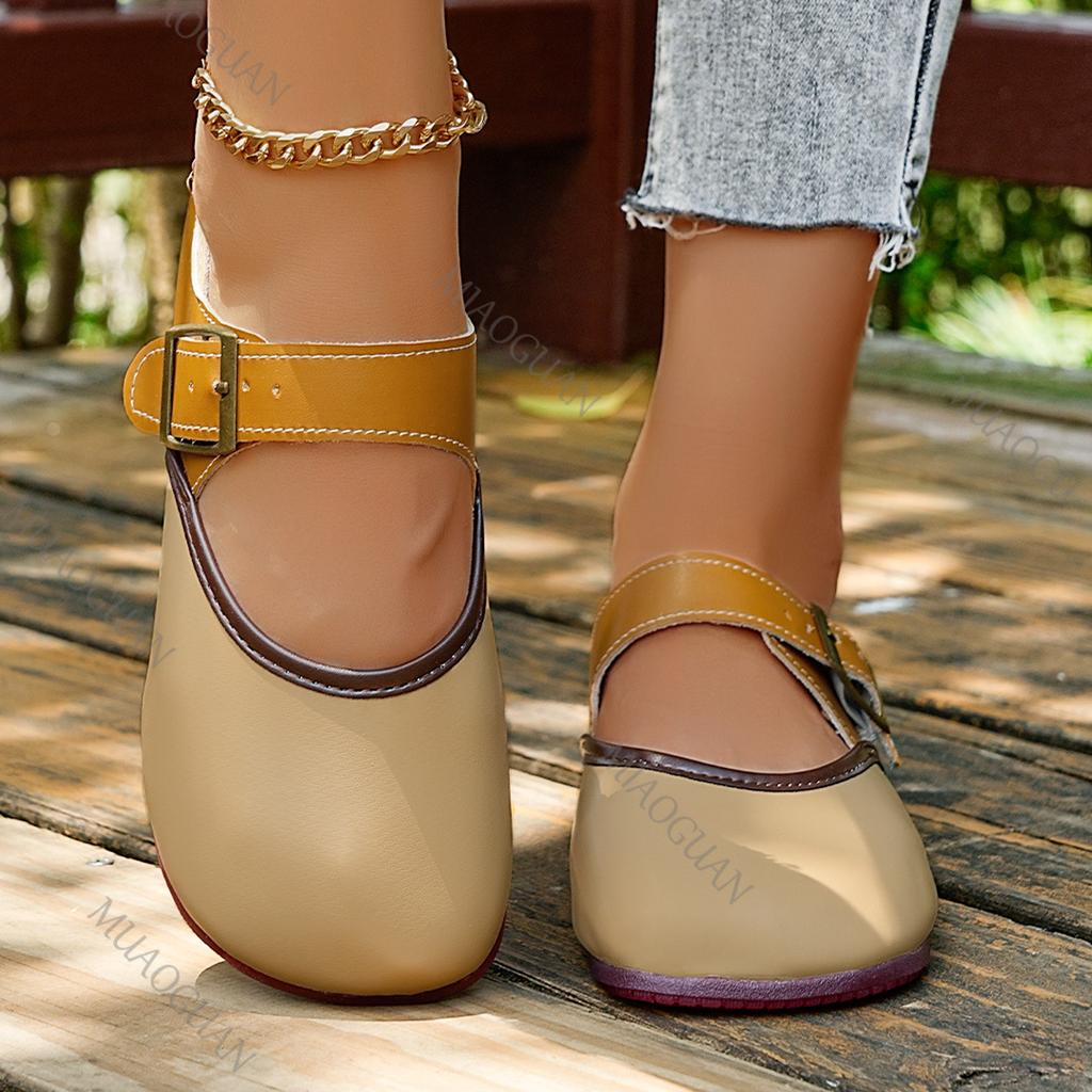 Mode Baotou Zwei Tragevarianten Einzelne Schuhe Damen Neu Frühling und Sommer Draußen Retro Flache Ballerinas Lässig Gürtelschnalle Farbblockierung Slipper