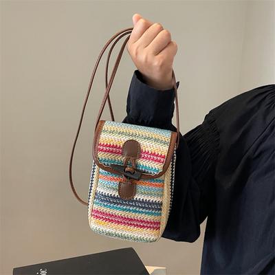 Mini bolso de mano de paja tejida para mujer, bandolera de verano, bonito y exquisito, para teléfono móvil, para playa