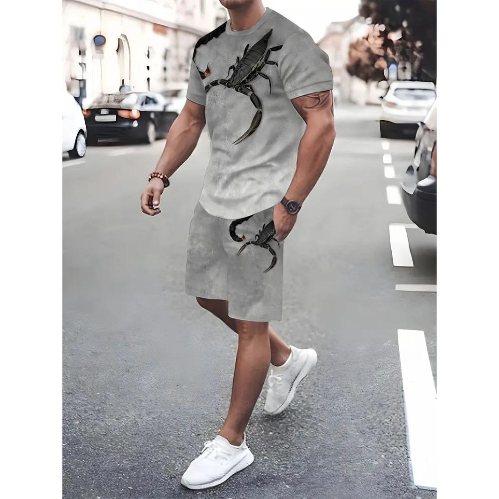 Funny 3D Cat Print Men's Sets Summer Casual O-neck Short Sleeve Tops Shorts 2 Piece Fashion Lion Pattern Suit T-Shirts Outfit