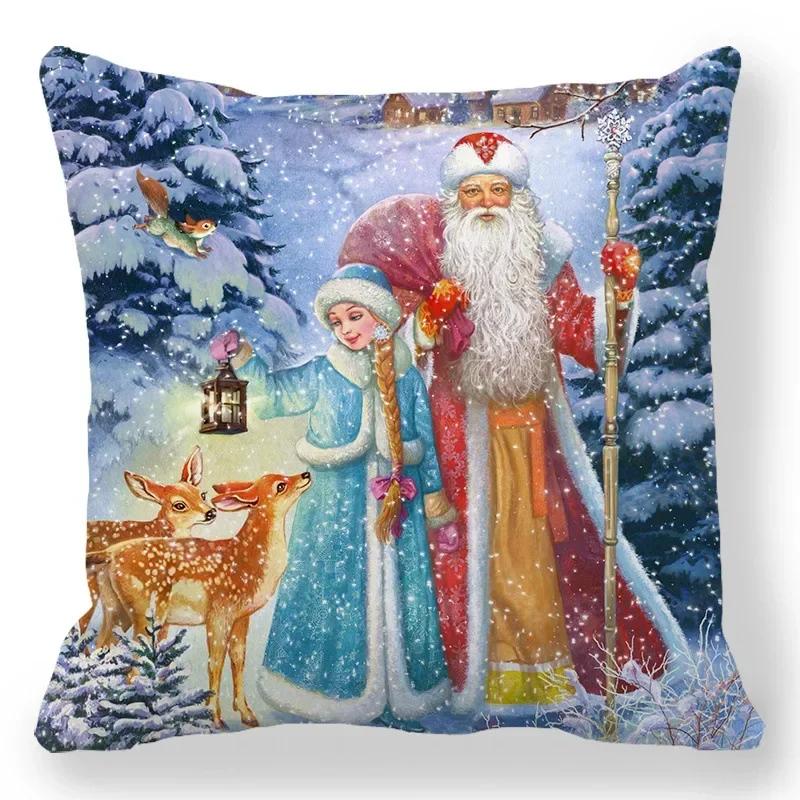Christmas Decor Cushion Cover Christmas Gifts Home Party Decorative Pillow Cover Winter Snow Scene Animal Angel Print Pillowcase