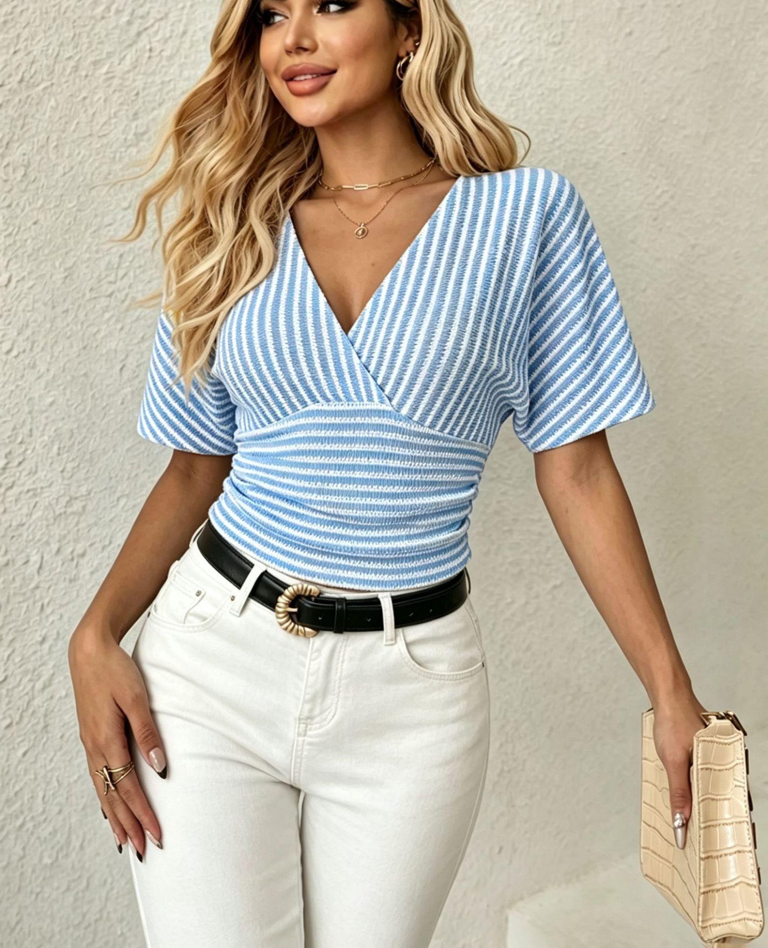 Women S V Neck Striped Waist Cinched Short T Shirt Batwing Sleeve Slim Knit Top S синий