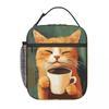 A Yellow Kitten Drinking Coffee Design Insulated Lunch Bag for Women Kids Leakproof Food Boxes Thermal Lunch Box Tote