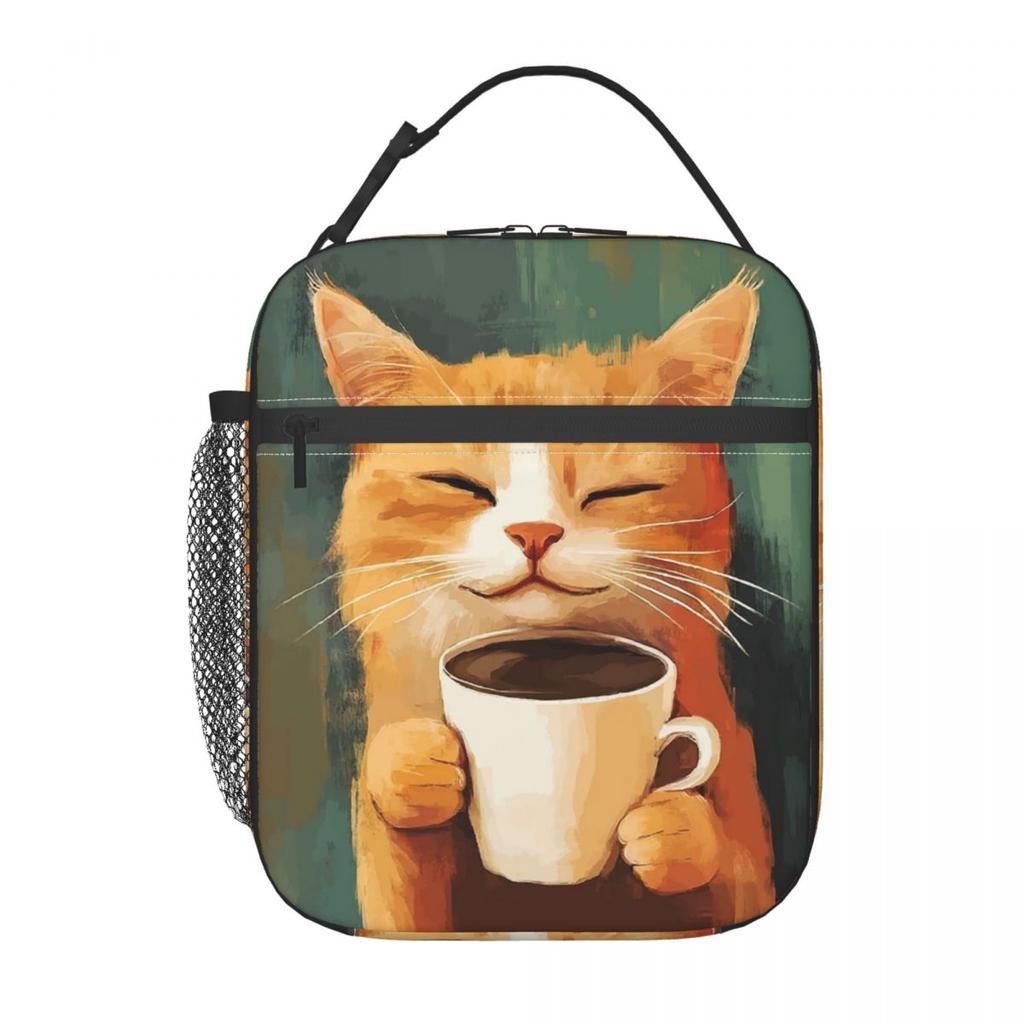 A Yellow Kitten Drinking Coffee Design Insulated Lunch Bag for Women Kids Leakproof Food Boxes Thermal Lunch Box Tote