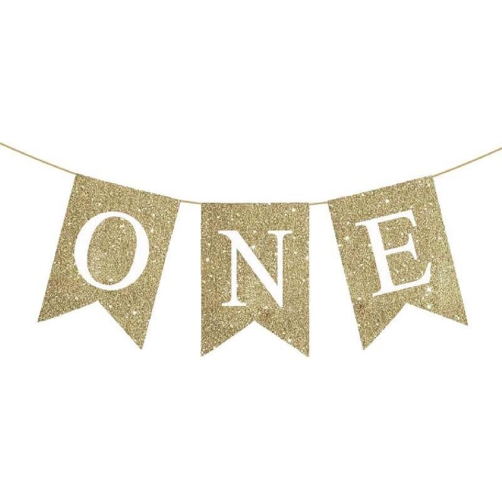 Pink Glitter One High Chair Banner, First Birthday Decor, Glittery Bunting for One Year Old Girl Party Supplies