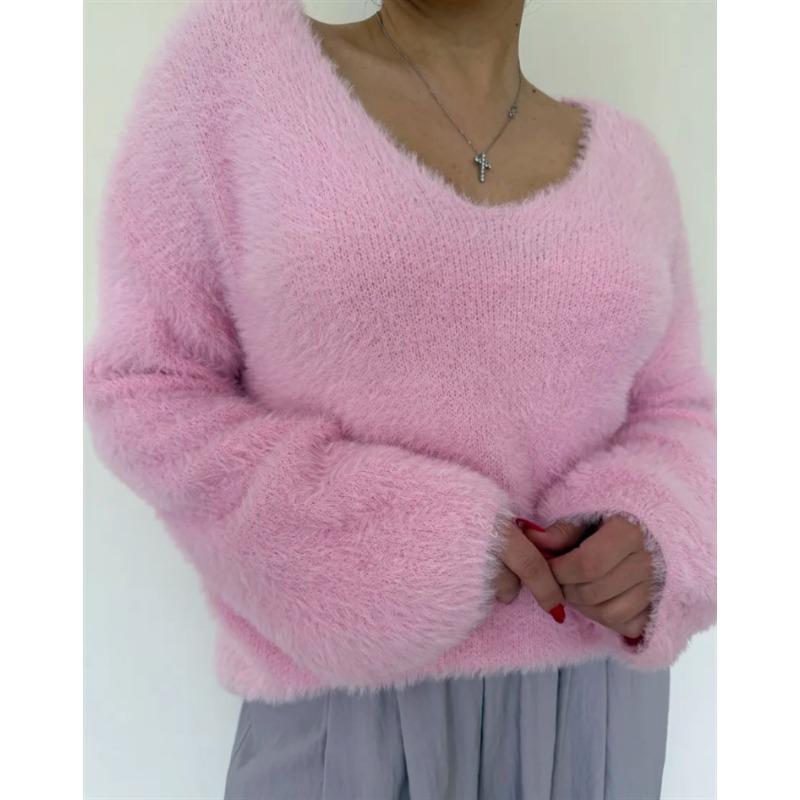 

Autumn and winter V-neck imitation mink knitted sweater women s WISH fashion solid color long-sleeved women s sweater top S рожевий