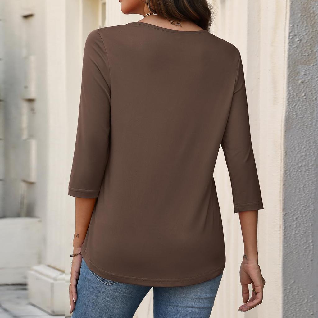 Damskie bluzki z rękawem 3/4, koszulki z dekoltem V, casualowe bluzki, podstawowe t-shirty