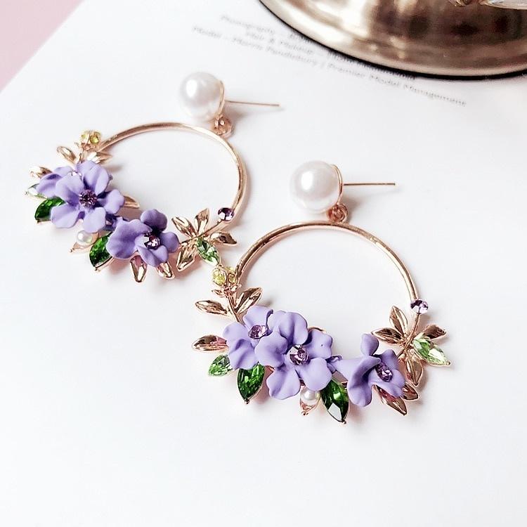 New Elegant Big Circle Flower Drop Earrings for Women Fashion Simulated Pearl Rhinestone Earring