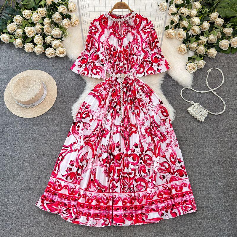 

Accessible Luxury Fashion Bead Gradient Color Dress Short Sleeve White powder Print All yards