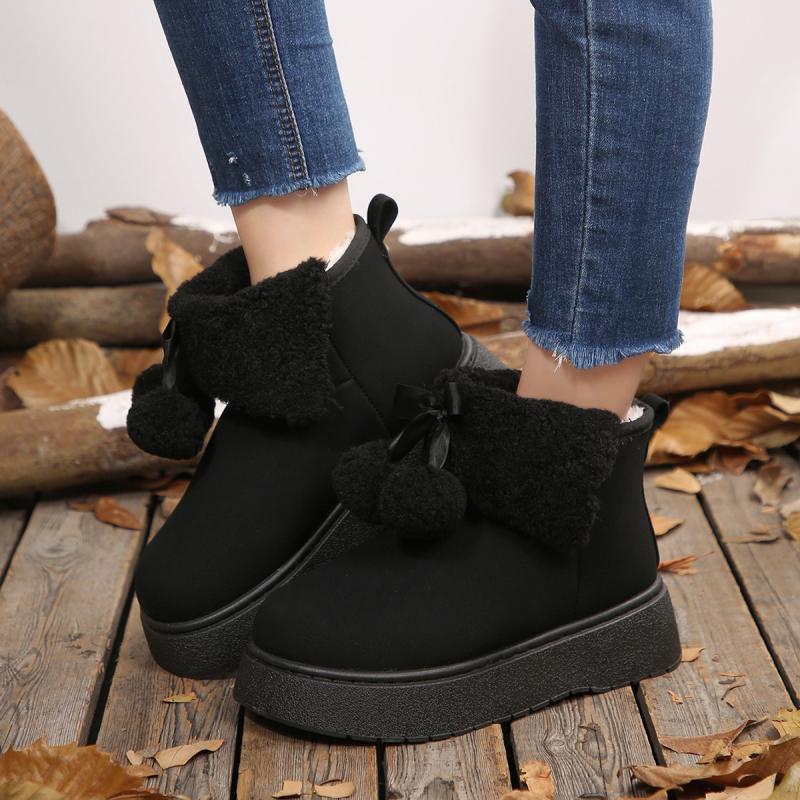 Soft Thick Bottom Furry Snow Boots Women 2025 Winter Chunky Platform Fluffy Fur Ankle Boots Cute Plush Ball Bowknot Cotton Shoes